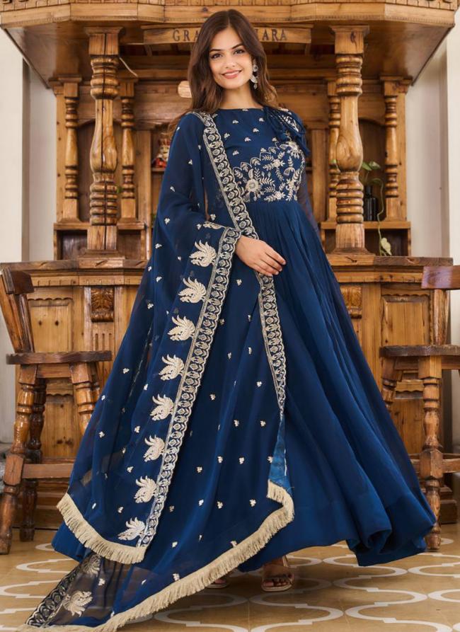 Georgette Blue Wedding Wear Embroidery Work Readymade Gown With Dupatta